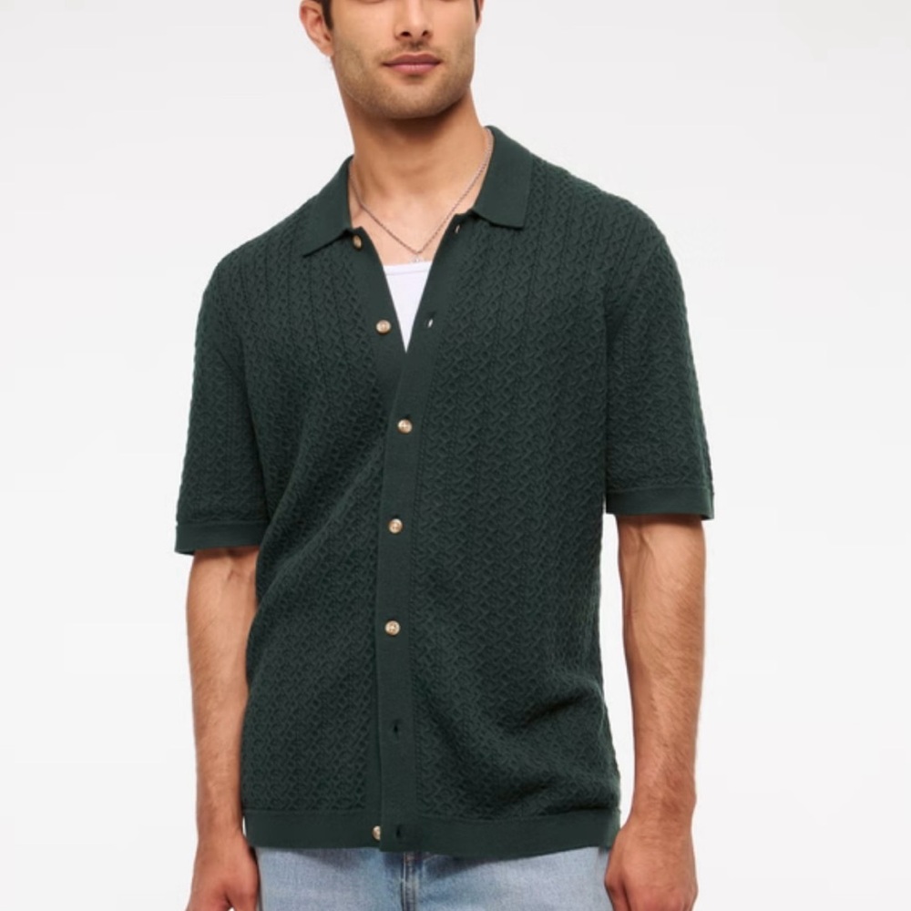 NWT Men’s Abercrombie & Fitch Cable Button-Through Sweater Polo in Dark Green